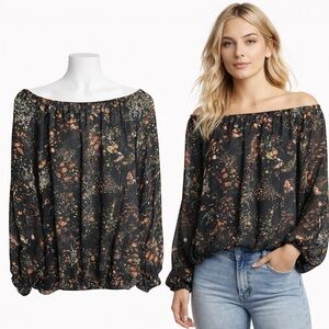 Walter Baker | Black Floral Off Shoulder Blouse | Sheer Boho Peasant Top | M